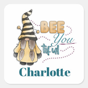 Bee You-tiful Whimsical Watercolor Gnome Gonk Square Sticker