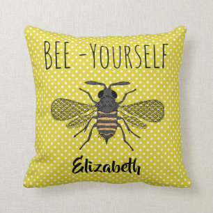 BEE Yourself Trendy Yellow Polkadots Pattern NAMED Cushion