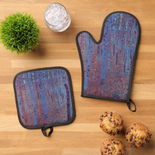 Beech Forest by Gustav Klimt, Vintage Art Nouveau Oven Mitt & Pot Holder Set