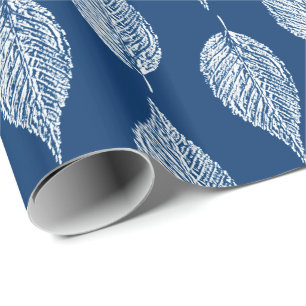 Beech Leaf Chalk Print, Cobalt Blue and White Wrapping Paper