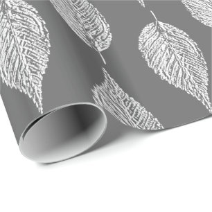 Beech Leaf Chalk Print, Grey / Grey and White Wrapping Paper