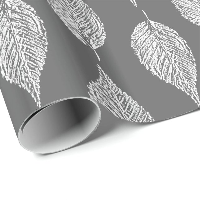 Beech Leaf Chalk Print, Grey / Grey and White Wrapping Paper (Roll Corner)