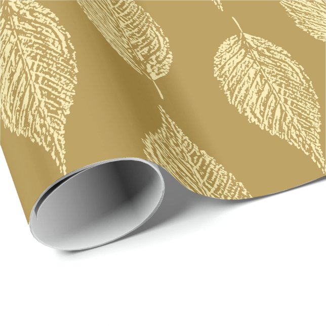 Beech Leaf Chalk Print, Mustard Yellow / Gold Wrapping Paper (Roll Corner)