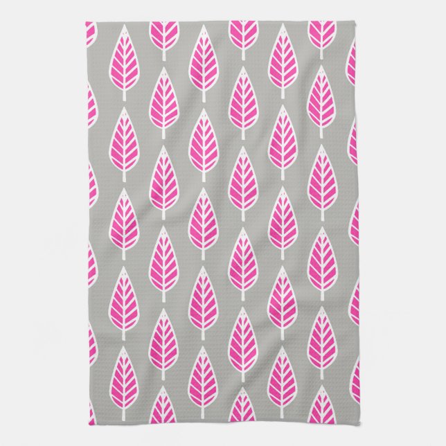 Beech leaf pattern - Fuchsia pink and silver Tea Towel (Vertical)