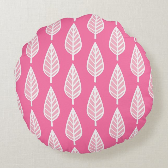 Beech leaf pattern - Hot pink and white Round Cushion (Back)