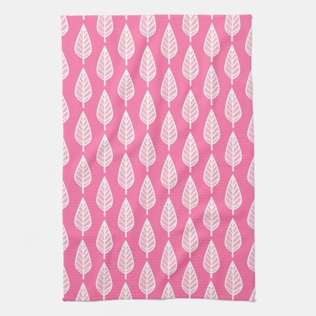 Beech leaf pattern - Hot pink and white Tea Towel (Vertical)