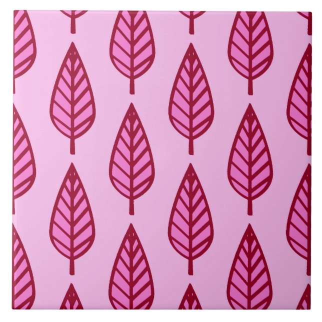 Beech Leaf Pattern, Pink and Burgundy  Ceramic Til Tile (Front)