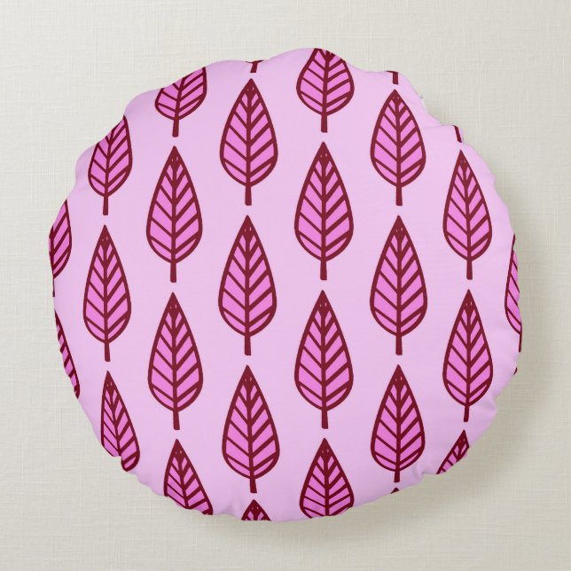 Beech leaf pattern - pink and burgundy round cushion (Back)