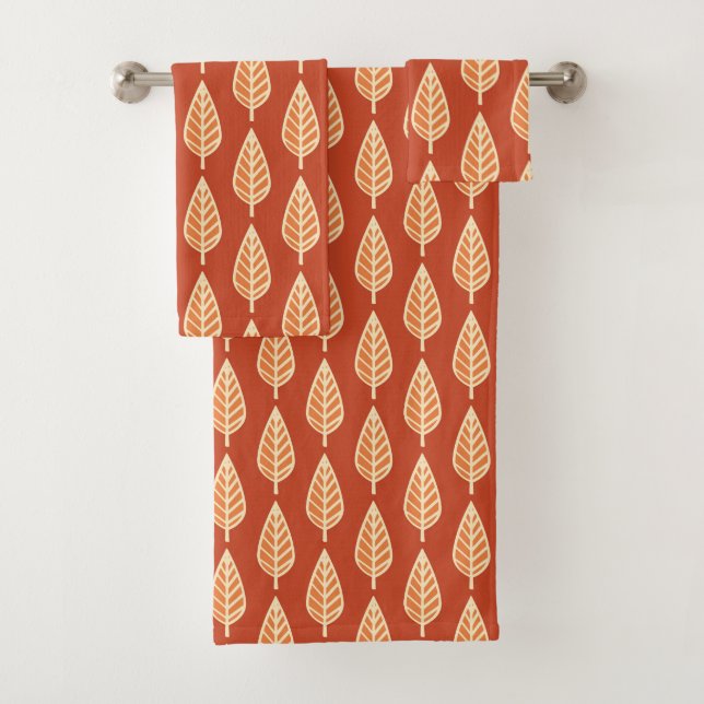 Beech Leaf Pattern, Shades of Mandarin Orange Bath Towel Set (Insitu)