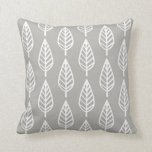 Beech leaf pattern - silver grey / grey and white cushion