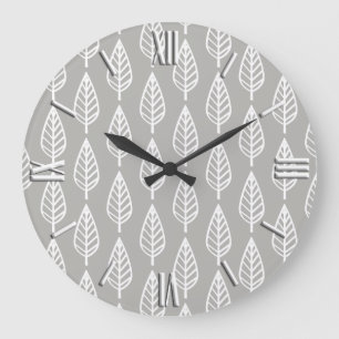 Beech leaf pattern - silver grey / grey and white large clock