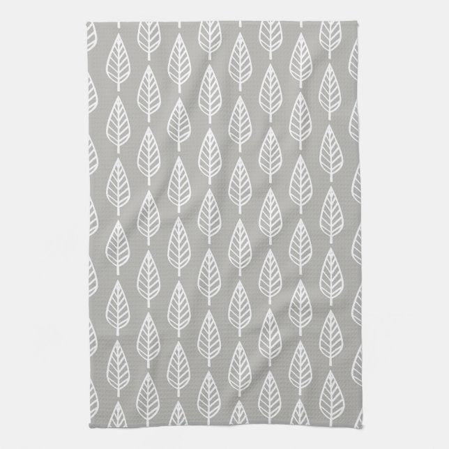 Beech leaf pattern - silver grey / grey and white tea towel (Vertical)