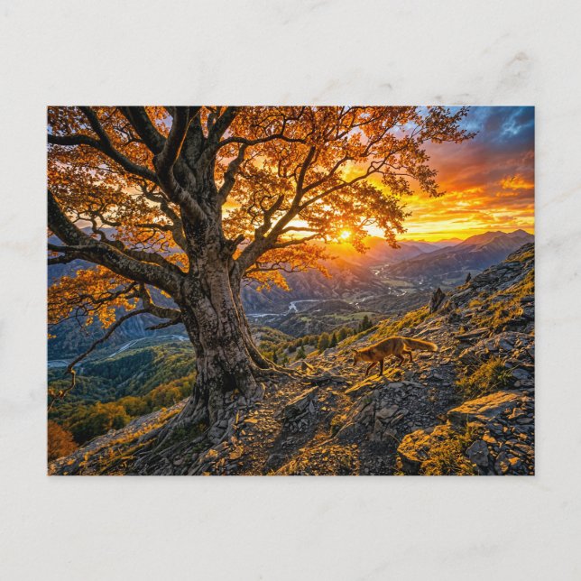 Beech on hillside with fox postcard (Front)