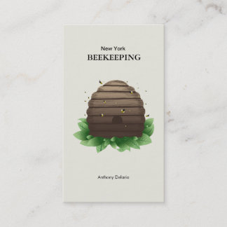 Beeehive & bees on green leafs brown business card