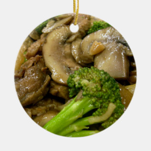 Beef, broccoli & mushroom stir fry ceramic tree decoration