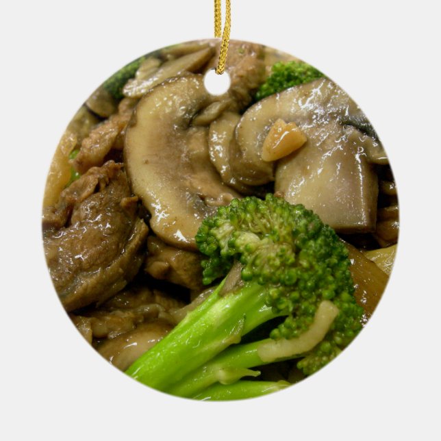 Beef, broccoli & mushroom stir fry ceramic tree decoration (Front)