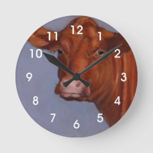Beef Cow, Oil Pastel Painting, Red Cow Round Clock