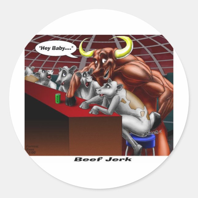 Beef Jerky Origins Funny Cow & Bull Cartoon Gifts Classic Round Sticker (Front)