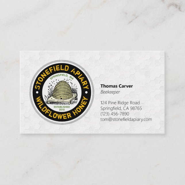 Beehive Apiary Name White Honeycomb Business Card (Front)