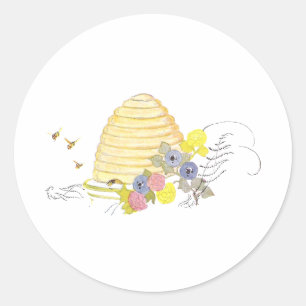 Beehive of Coiled Straw and Flowers Classic Round Sticker