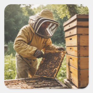Beekeeper and Beehive Square Sticker