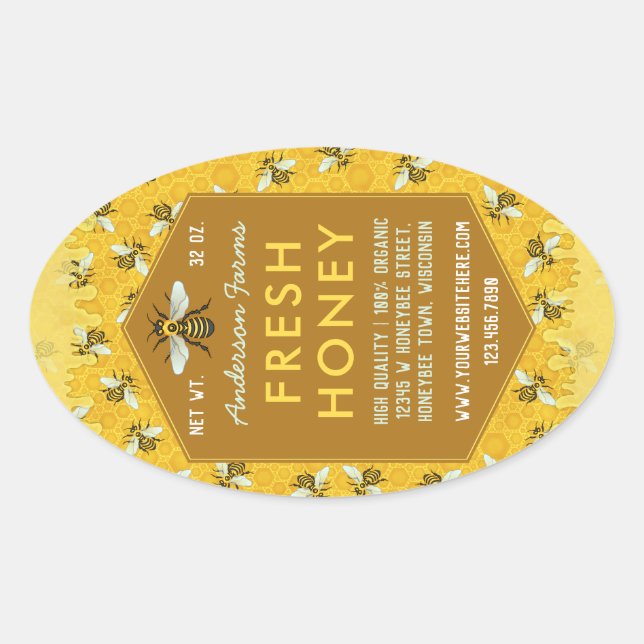 Beekeeper Apiary Honey Jar Labels Honeycomb Bees (Front)