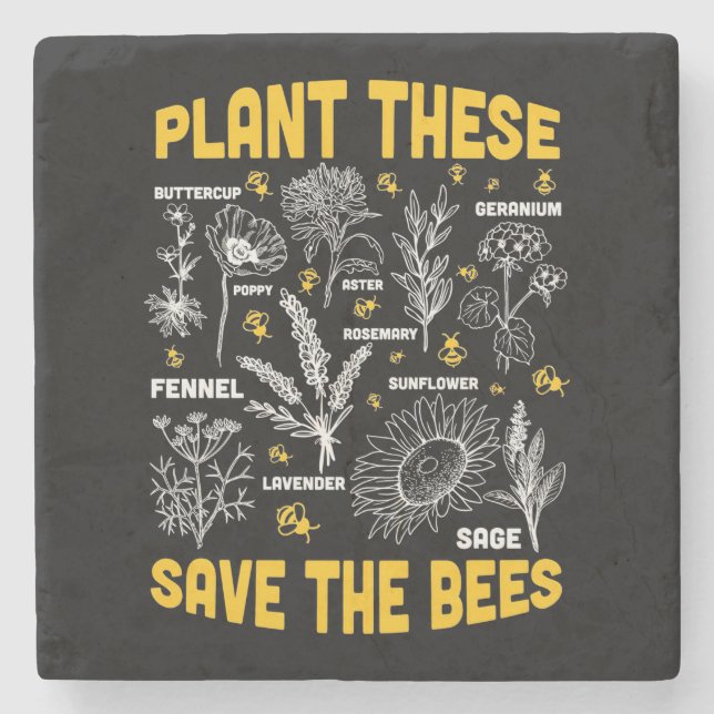 Beekeeper Gift | Plant These Save The Bees Stone Coaster (Front)