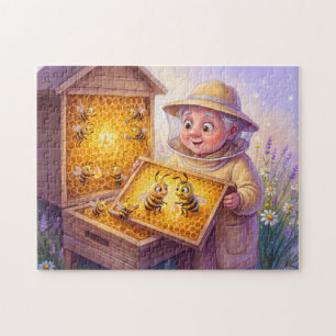 Beekeeper inspecting honeycombs in cheerful comic jigsaw puzzle