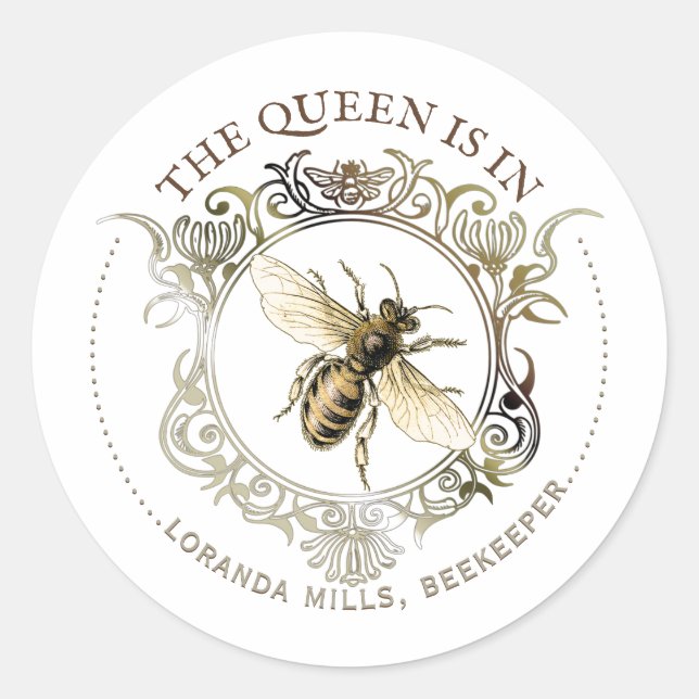 Beekeeper Queen Bee Ornate Frame Emblem Bookplate Classic Round Sticker (Front)