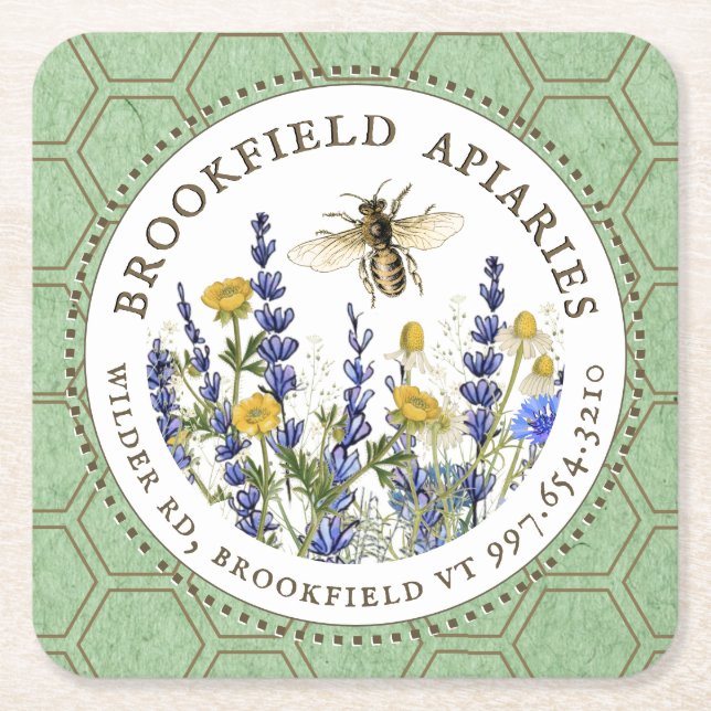 Beekeeper’s Wildflower and Queen Bee Apiary  Square Paper Coaster (Front)