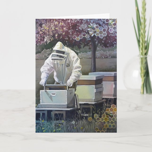Beekeeper Tending Honey Bee Boxes Watercolor Art Card (Front)