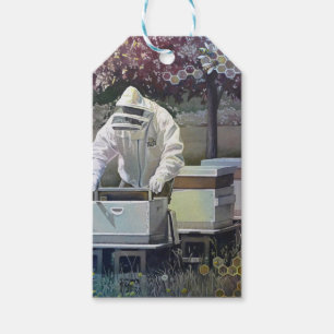 Beekeeper Tending Honey Bee Boxes Watercolor Art Gift Tags