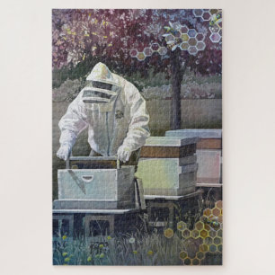 Beekeeper Tending Honey Bee Boxes Watercolor Art Jigsaw Puzzle