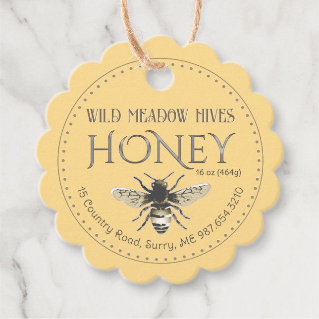 Beekeeper's Metallic Gold Text Honey Tag with Bee (Front)