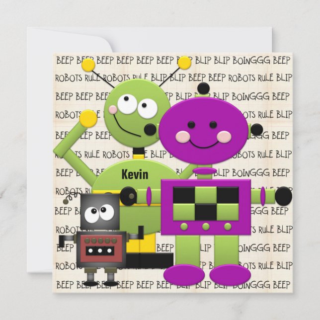 Beep Beep Robots Customised Birthday Invitation (Front)