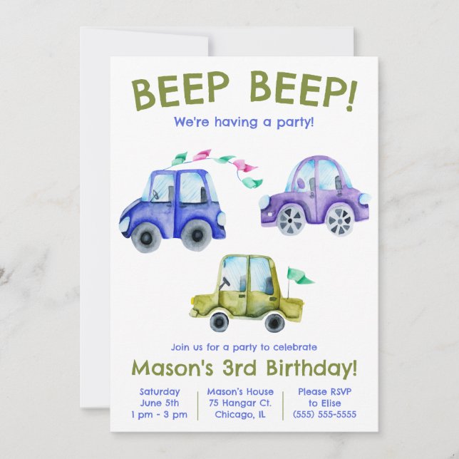 Beep Beep! Watercolor Car, Vehicle Birthday Invitation (Front)