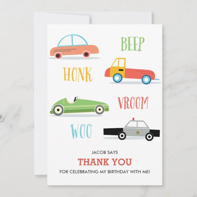 Beep Honk Woo Kid's birthday thank you card (Front)
