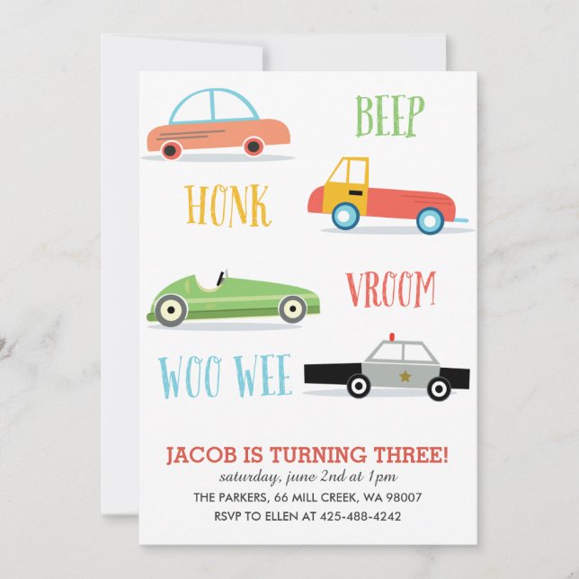 Beep Honk Woo Wee Kid's birthday party Invitation (Front)