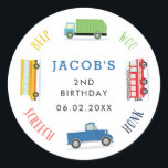 Beep screech blue truck birthday party classic round sticker<br><div class="desc">Transport theme birthday party sticker featuring a Blue truck,  garbage truck,   school bus and a fire truck.</div>