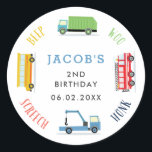 Beep screech woo blue birthday party classic round sticker<br><div class="desc">Transport theme birthday party sticker featuring a Blue truck,  garbage truck,   school bus and a fire truck.</div>