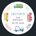 Beep screech woo blue birthday party classic round sticker<br><div class="desc">Transport theme birthday party sticker featuring a Blue truck,  garbage truck,   school bus and a fire truck.</div>