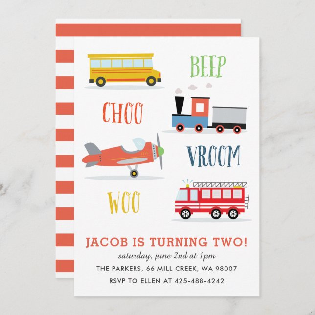 Beep Vroom Woo Kid's birthday party Red Invitation (Front/Back)