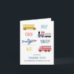 Beep Vroom Woo Kid's birthday Thank you card<br><div class="desc">A kid's birthday party Thank you card featuring Aeroplane,  Train,  school bus,  fire truck.</div>