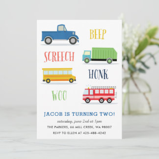 Beep Vroom Woo Truck Kid's birthday party  Invitation