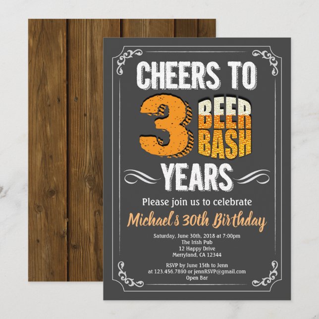 Beer 30th birthday chalkboard thirsty thirty invitation (Front/Back)