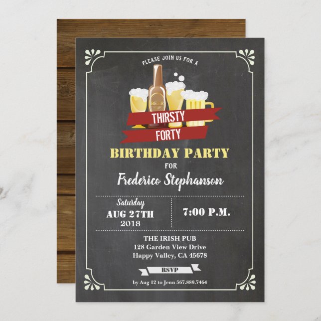 Beer 40th birthday party retro bar chalkboard invitation (Front/Back)