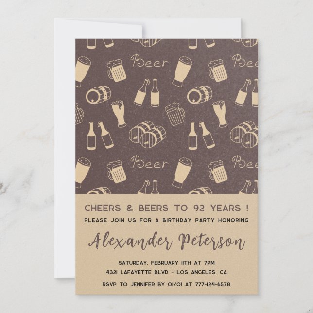 Beer Adult Rustic Pattern Men 92nd birthday Invitation (Front)