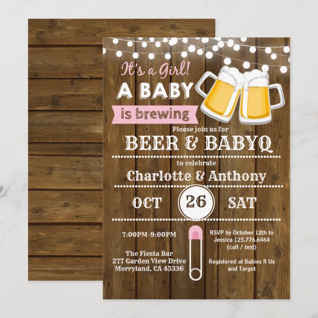 Beer and BabyQ couples baby shower invitation pink (Front/Back)
