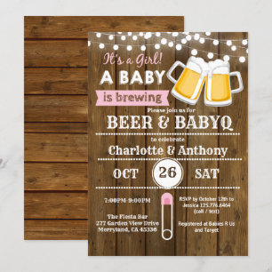 Beer and BabyQ couples baby shower invitation pink