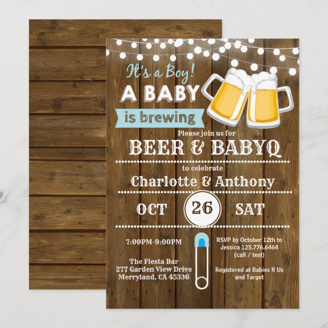 Beer and BabyQ couples baby shower invitation wood (Front/Back)